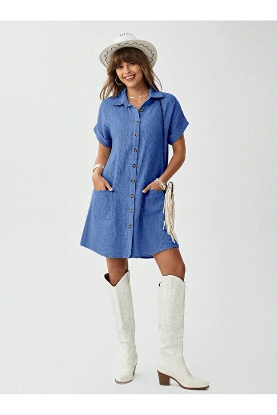 EQURİ Kadın Cep Detay Müslin Kumaş Mini Gömlek Elbise