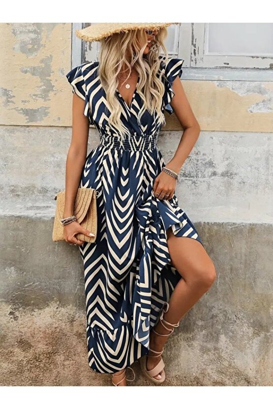 EQURİ Kadın Kısa Kollu Kruvaze Yakalı Fırfırlı Süprem Elbise