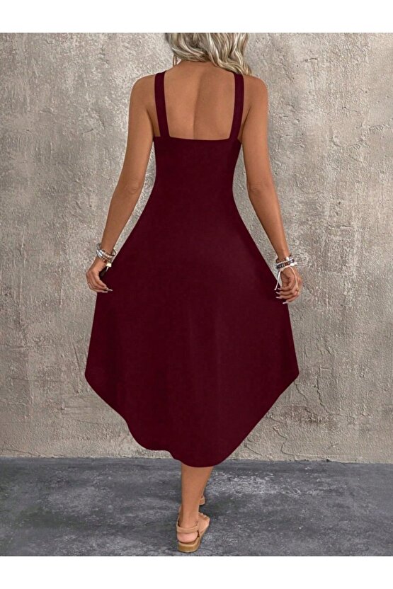 EQURİ Kadın Boyundan çapraz Askılı Halka Detaylı Asimetrik Kesim Viskon Elbise