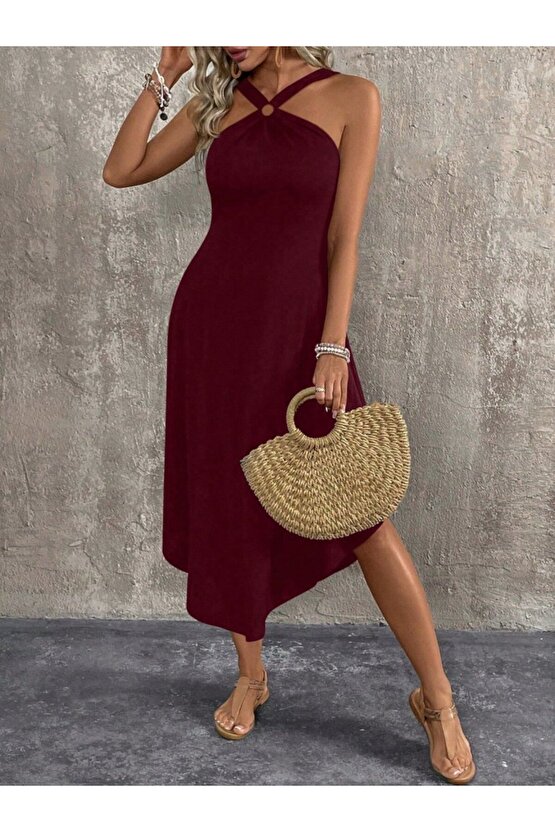 EQURİ Kadın Boyundan çapraz Askılı Halka Detaylı Asimetrik Kesim Viskon Elbise