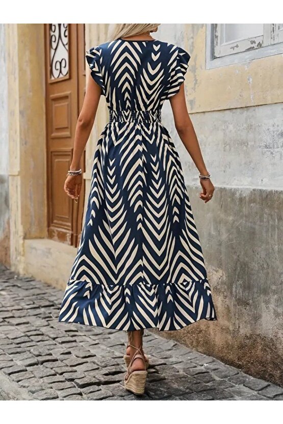 EQURİ Kadın Kısa Kollu Kruvaze Yakalı Fırfırlı Süprem Elbise