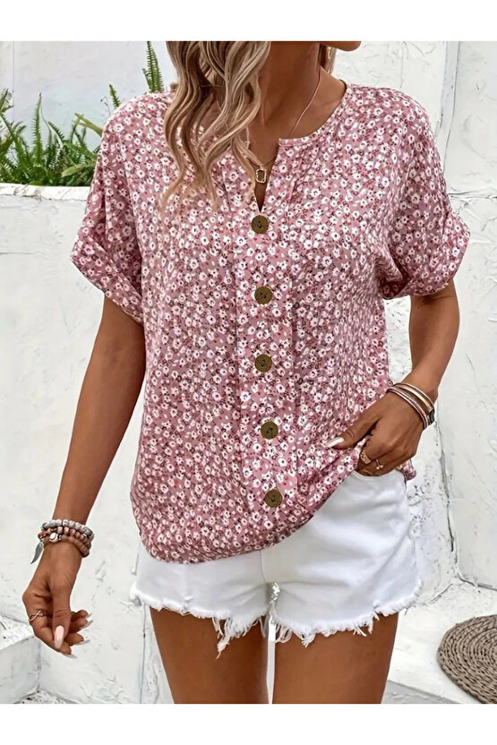 Kadın Kısa Kollu çentikli V Yaka Ve Düğme Detaylı çiçek Desenli Süprem Bluz