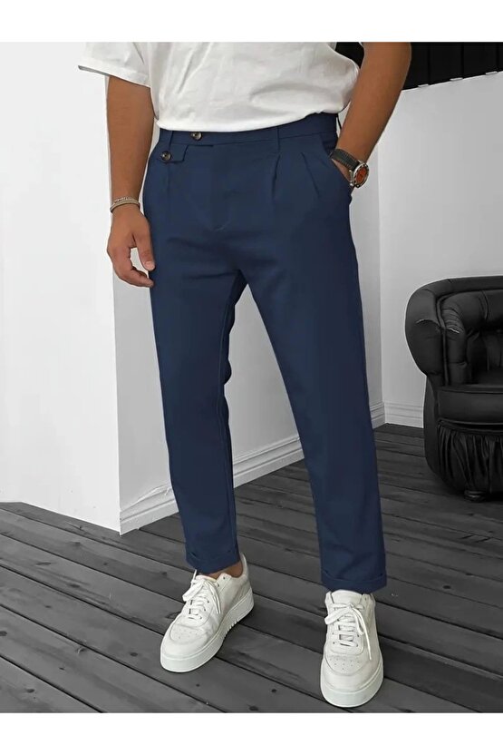 EQURİ Erkek Belden Düğmeli Cepli Dokuma Pantolon