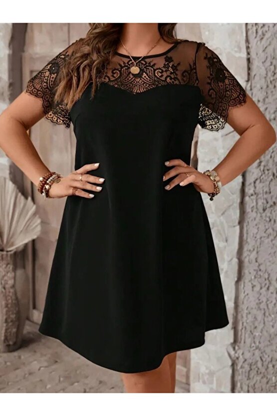 EQURİ Kadın Kısa Kollu Dantel Bisiklet Yaka Ve Kol Dantel Detaylı Janjan Krep Elbise