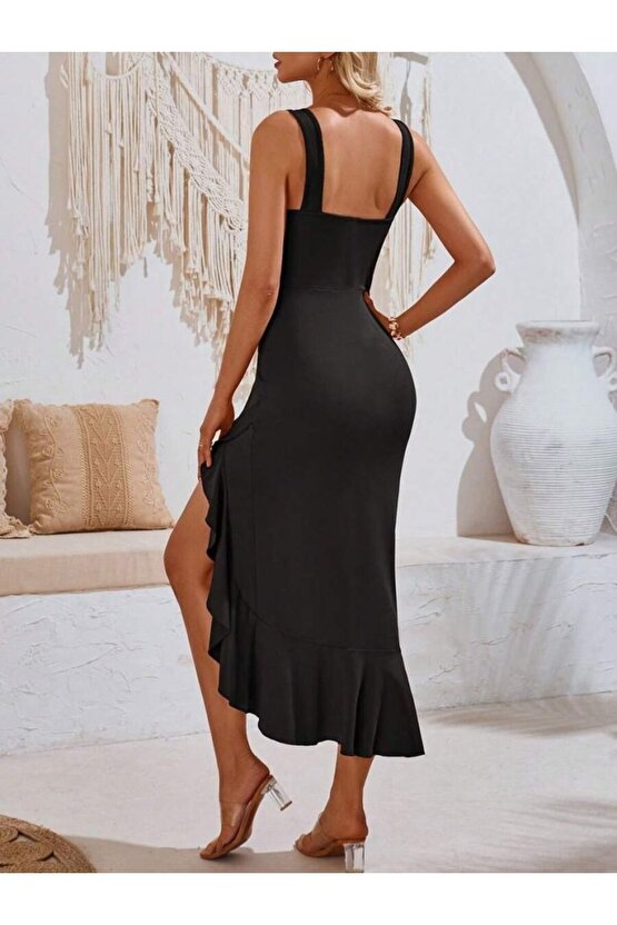 EQURİ Kadın Askılı V Yakalı önden Fırfırlı Uzun Dalgıç Elbise