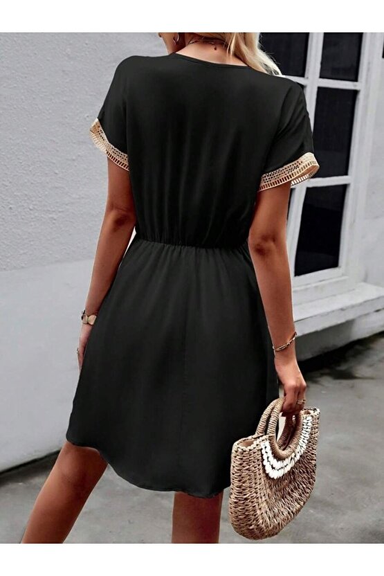 EQURİ Kadın Kısa Kollu V Yakalı Belinde Bağcıklı Viskon Elbise