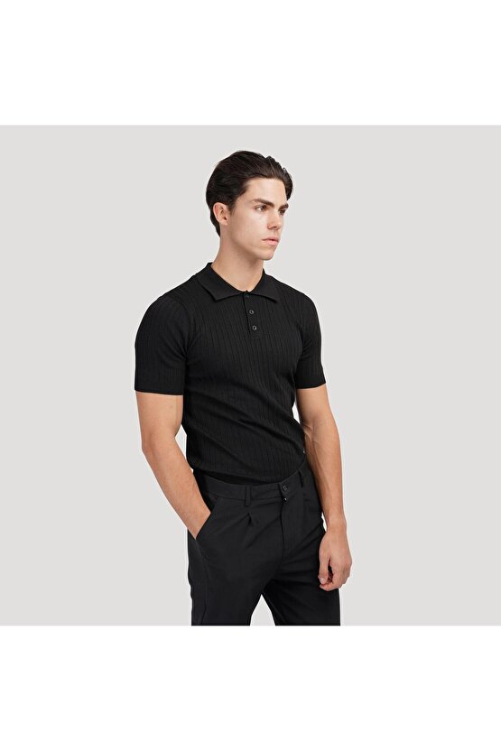 Erkek Kısa Kollu Yakalı Yakadan Düğmeli Triko Bluz