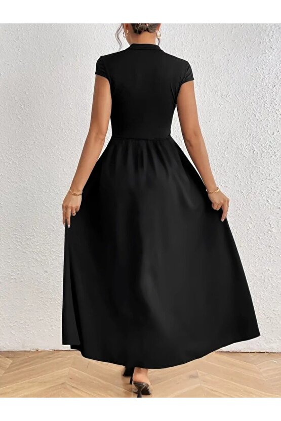 EQURİ Kadın Kısa Kollu Yarı Balıkçı Yaka Viskon Elbise