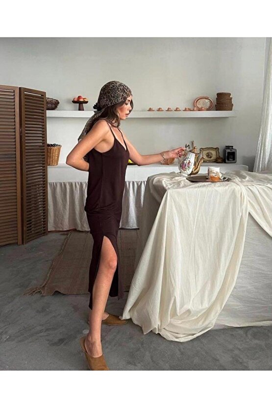 Kadın Siyah Asansör Askılı Çift Yırtmaçlı Helen Elbise