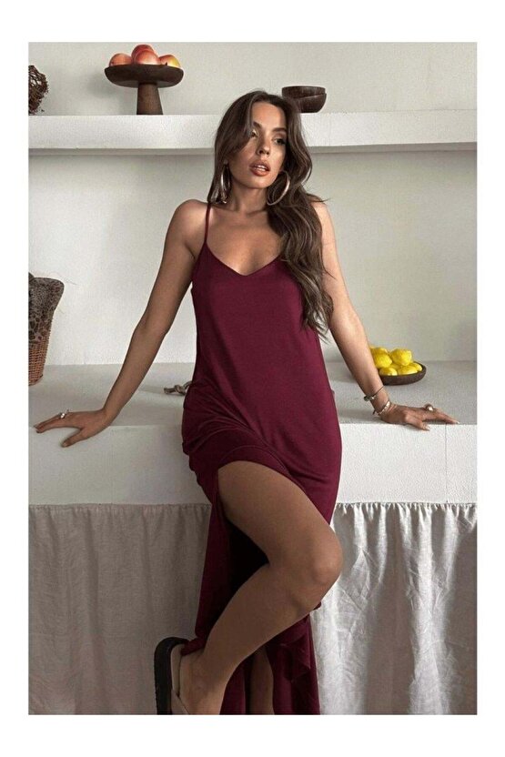 Kadın Siyah Asansör Askılı Çift Yırtmaçlı Helen Elbise