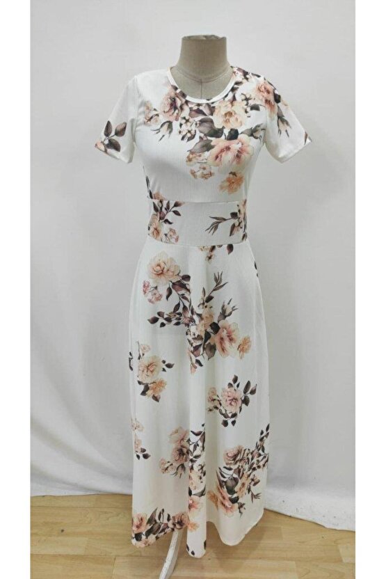 Kadın Kısa Kollu Bisiklet Yaka Puantiyeli Maksi örme Krep Elbise