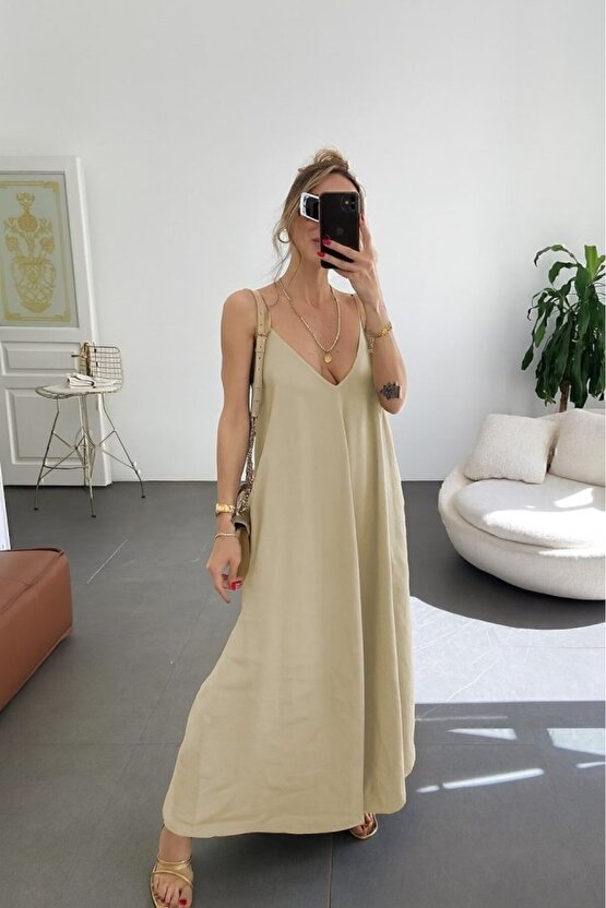 EQURİ Kadın Ip Askılı V Yakalı Uzun Aerobin Elbise