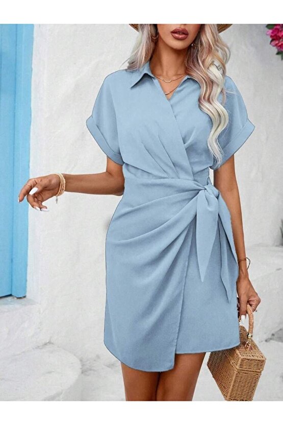 EQURİ Kadın Kısa Kollu Yakalı Yandan Bağlamalı Dokuma Elbise