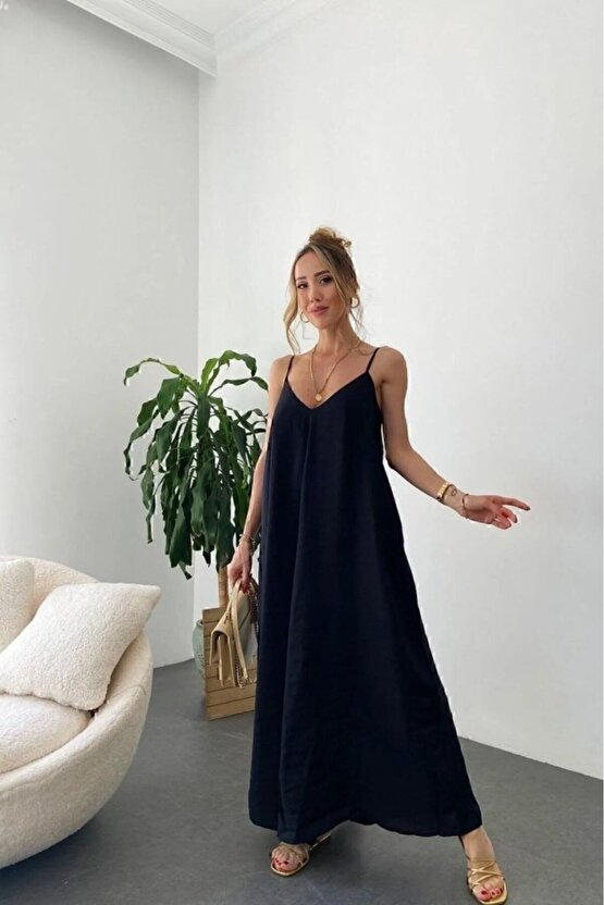 EQURİ Kadın Ip Askılı V Yakalı Uzun Aerobin Elbise