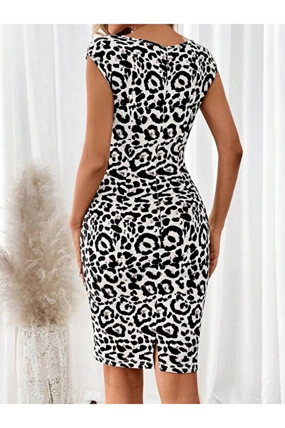 EQURİ Kadın Kısa Kollu Kare Yakalı Leopar Desenli Dalgıç Elbise