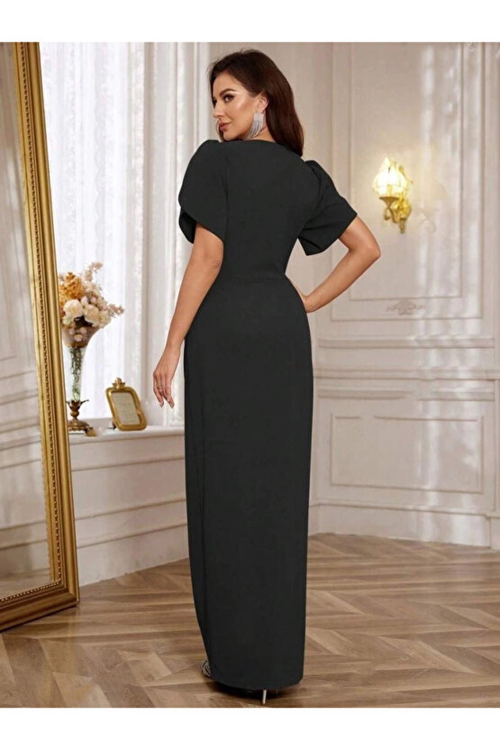 Kadın Kısa Kollu Kruvaze Yakalı Belden çiçek Aksesuarlı Yırtmaçlı Ithal Krep Elbise