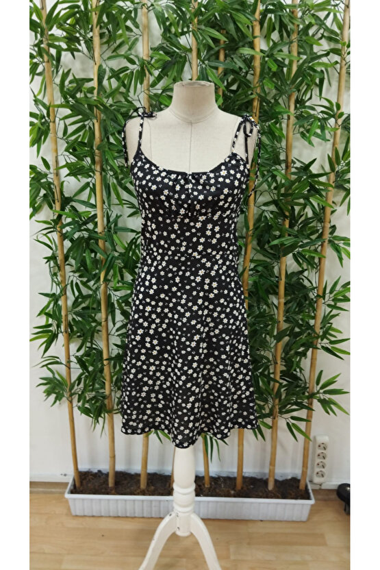 EQURİ Kadın Ip Askılı Omuzlardan Bağcıklı çiçek Desenli Süprem Elbise