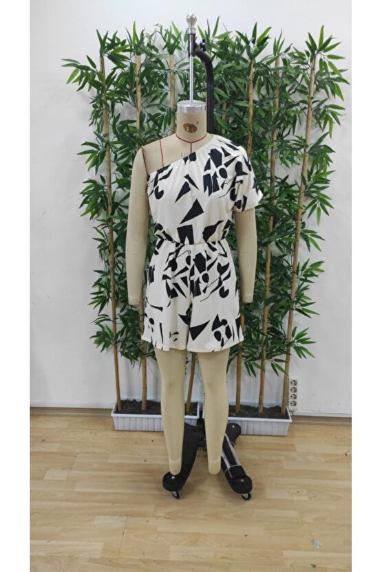 Kadın Tek Omuzdan Açık Beli Lastikli Desenli Süprem Tulum