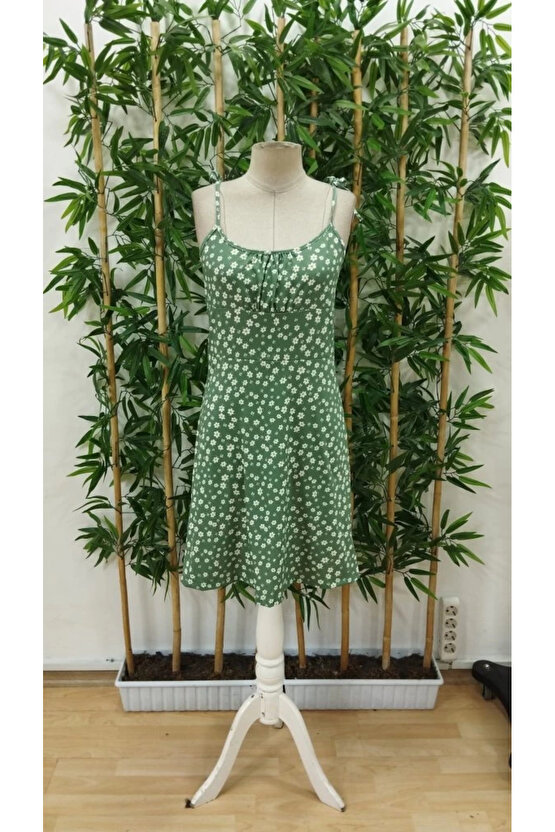 Kadın Ip Askılı Omuzlardan Bağcıklı çiçek Desenli Süprem Elbise