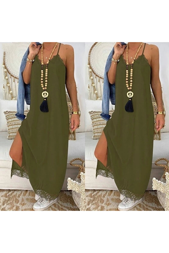 Kadın Haki Dantel Detay Viskon Elbise 3798