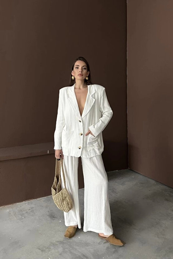 MODAVERA Beyaz Oversize Müslin Takım