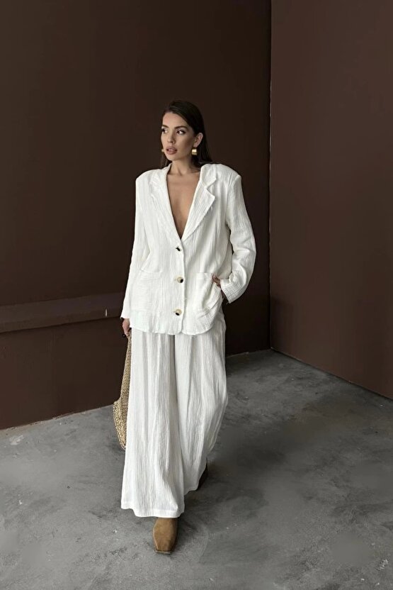 MODAVERA Beyaz Oversize Müslin Takım
