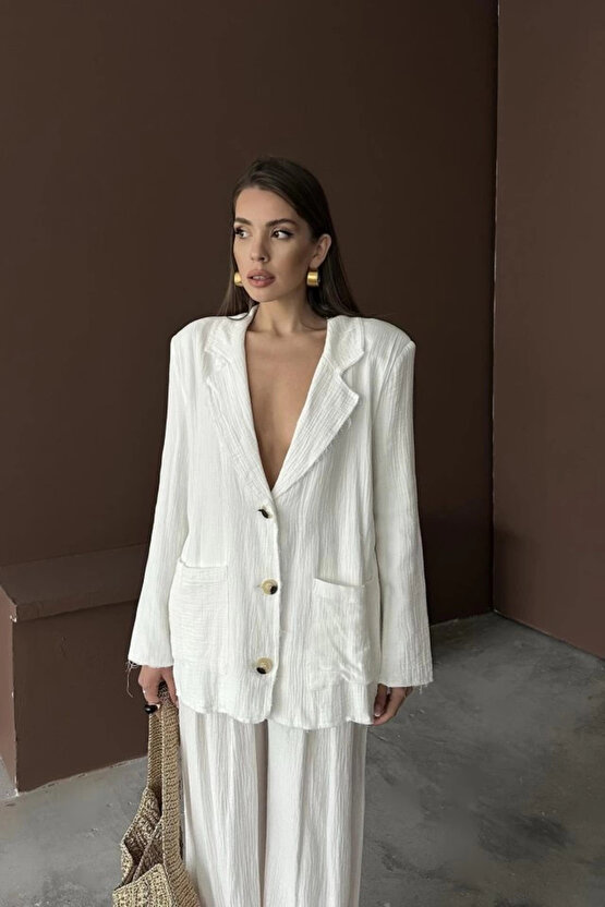 MODAVERA Beyaz Oversize Müslin Takım
