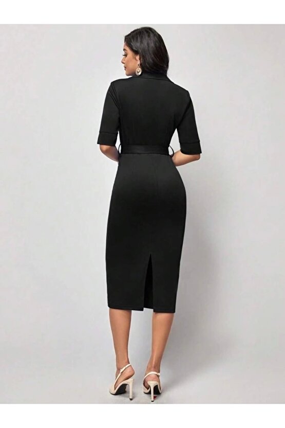 Kadın Kısa Kollu Yakalı Kruvaze Yakalı Beli Kemerli Midi Modal Elbise