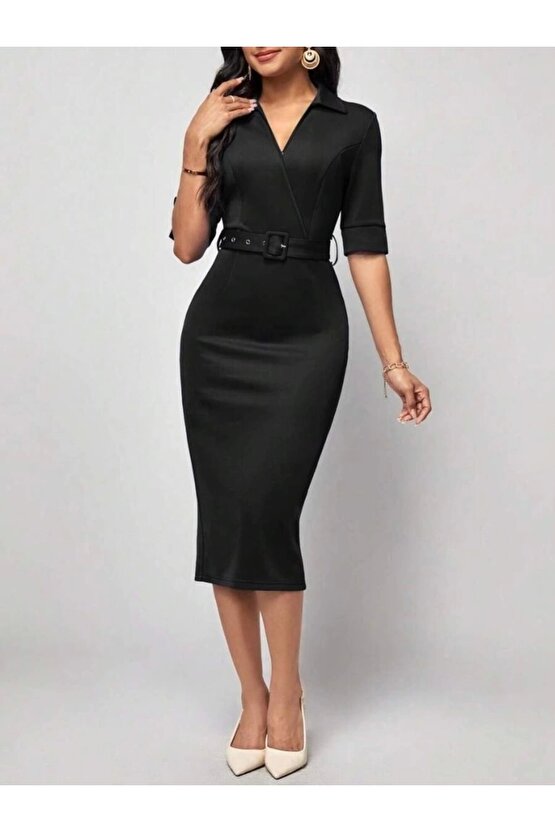 Kadın Kısa Kollu Yakalı Kruvaze Yakalı Beli Kemerli Midi Modal Elbise