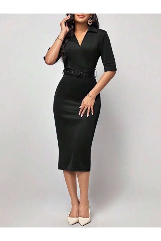 Kadın Kısa Kollu Yakalı Kruvaze Yakalı Beli Kemerli Midi Modal Elbise