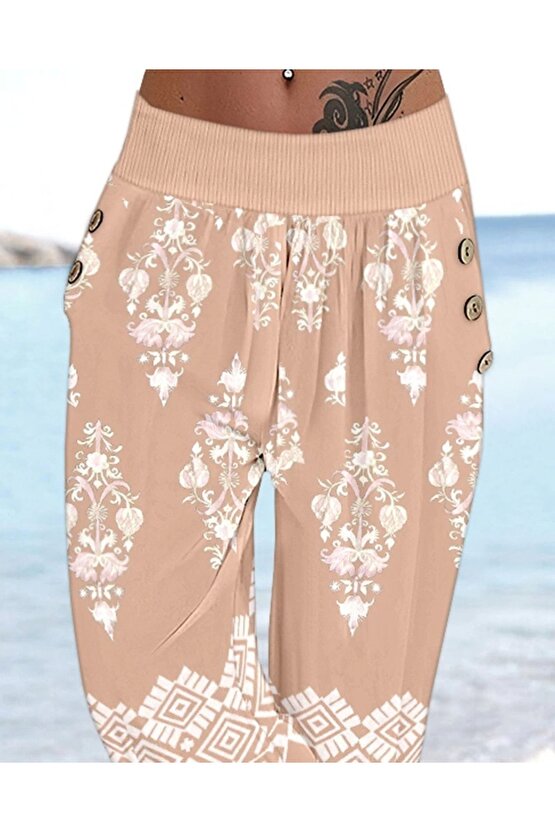 Kadın Beli Lastikli Etnik Desenli Kapri Süprem Pantolon