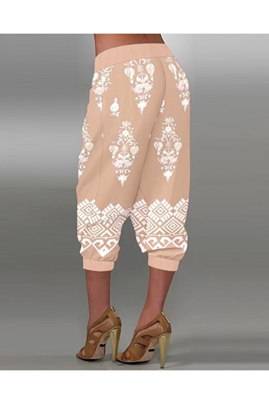 Kadın Beli Lastikli Etnik Desenli Kapri Süprem Pantolon
