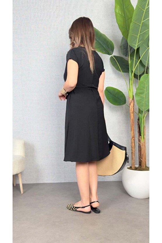 Kadın Kısa Kollu V Yakalı Beli Kuşaklı Ithal Keten Elbise