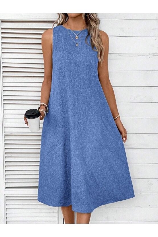 EQURİ Kadın Kolsuz Bisiklet Yaka Cepli Midi Keten Elbise