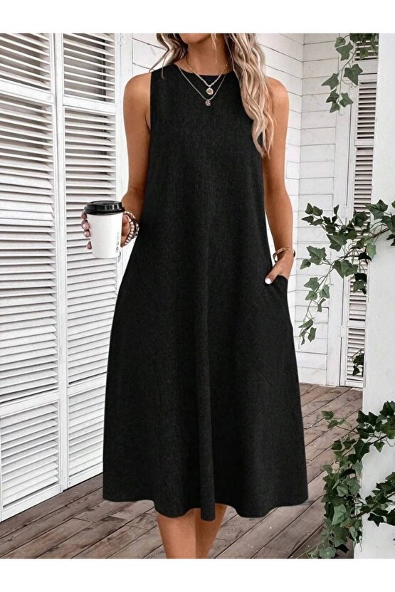 Kadın Kolsuz Bisiklet Yaka Cepli Midi Keten Elbise