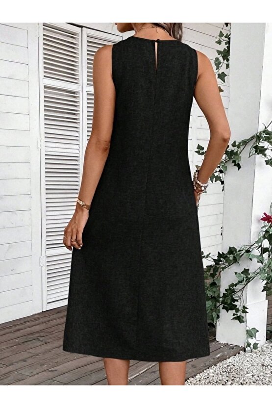Kadın Kolsuz Bisiklet Yaka Cepli Midi Keten Elbise