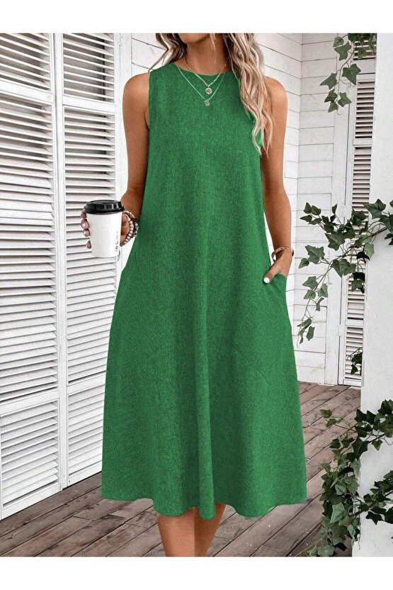 Kadın Kolsuz Bisiklet Yaka Cepli Midi Keten Elbise