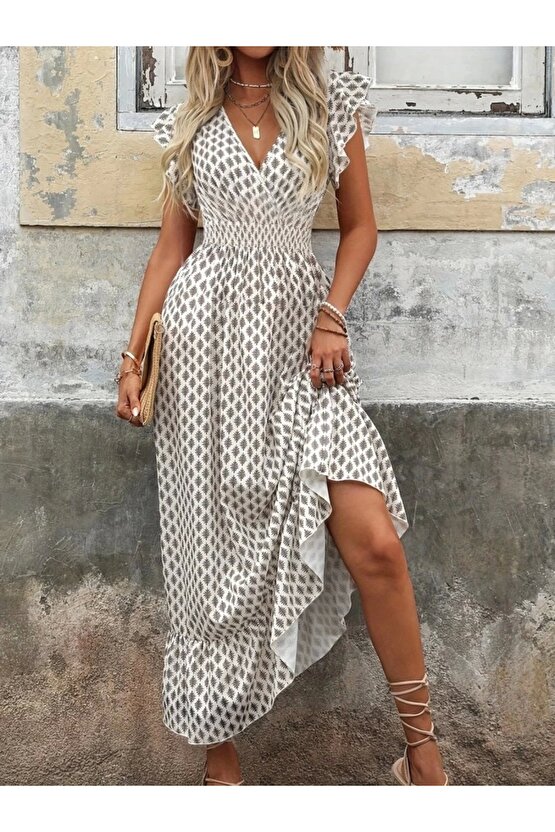 Kadın Kısa Kelebek Kollu Kruvaze Yakalı Desenli Süprem Elbise