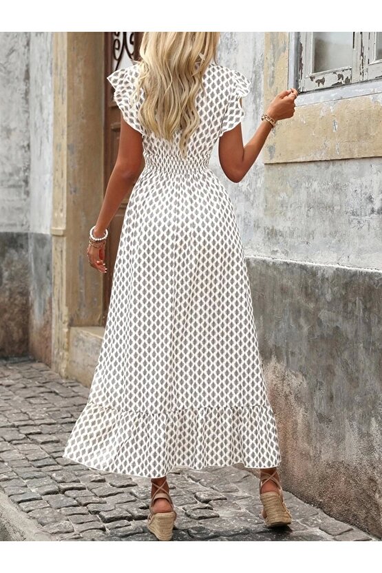 Kadın Kısa Kelebek Kollu Kruvaze Yakalı Desenli Süprem Elbise