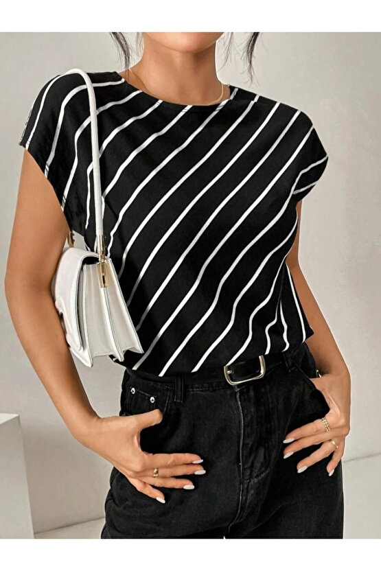 Kadın Kısa Yarasa Kollu Bisiklet Yaka çizgi Desenli Atlas Bluz