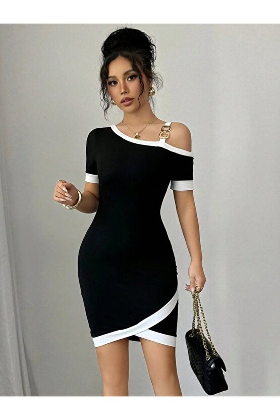 EQURİ Kadın Kısa Kollu Asimetrik Kesim Yaka şerit Ve Aksesuar Detaylı Modal Elbise