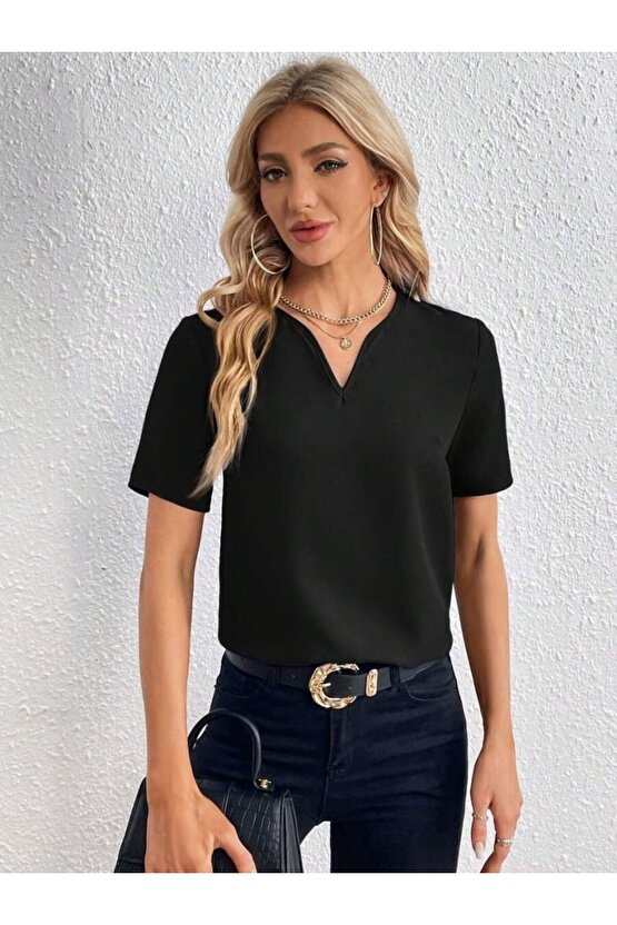 Gökyüzü Moda Kadın Kısa Kollu V Yakalı Ithal Krep Elbise