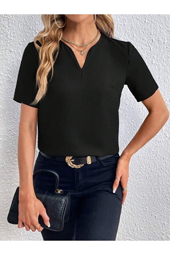 Gökyüzü Moda Kadın Kısa Kollu V Yakalı Ithal Krep Elbise