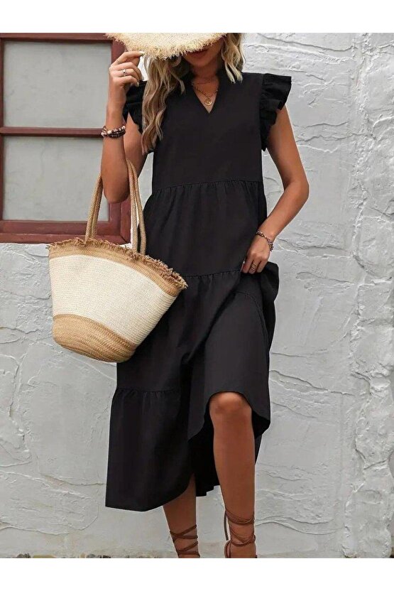 Kadın Kısa Kollu V Yakalı Geniş Kesim Uzun Trikoton Elbise