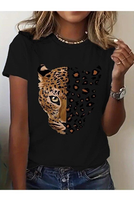 Kadın Kısa Kollu Bisiklet Yaka Desenli Viskon Bluz