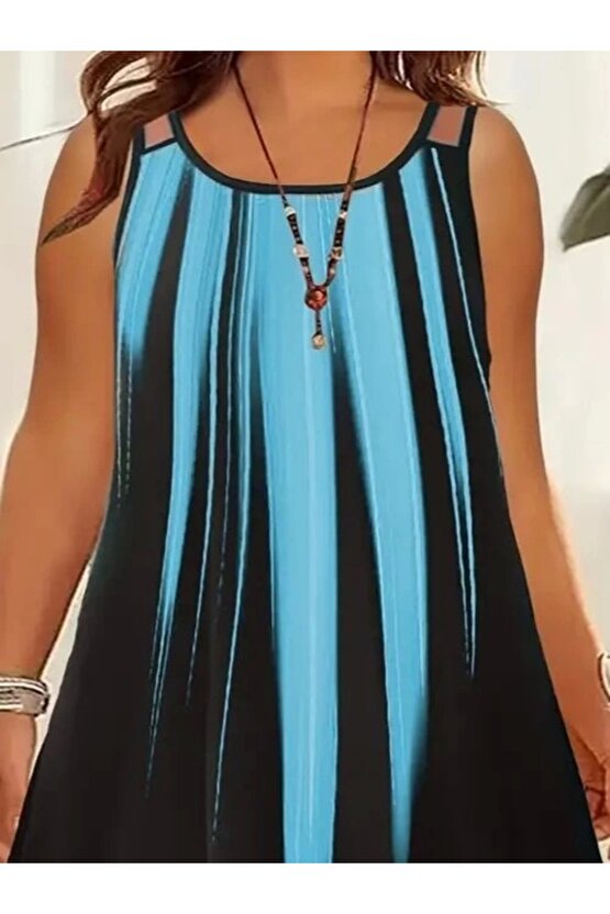 Kadın Askılı Yuvarlak Yaka Asimetrik Detaylı Desenli Süprem Elbise