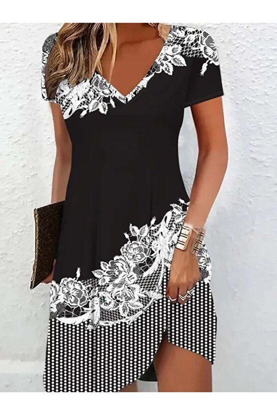Kadın Kısa Kollu V Yakalı çiçek Baskılı Süprem Elbise