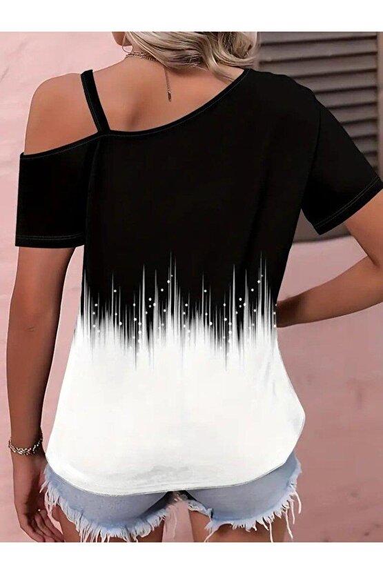 Kadın Tek Omuzdan Açık Askı Detaylı Desenli Süprem Bluz