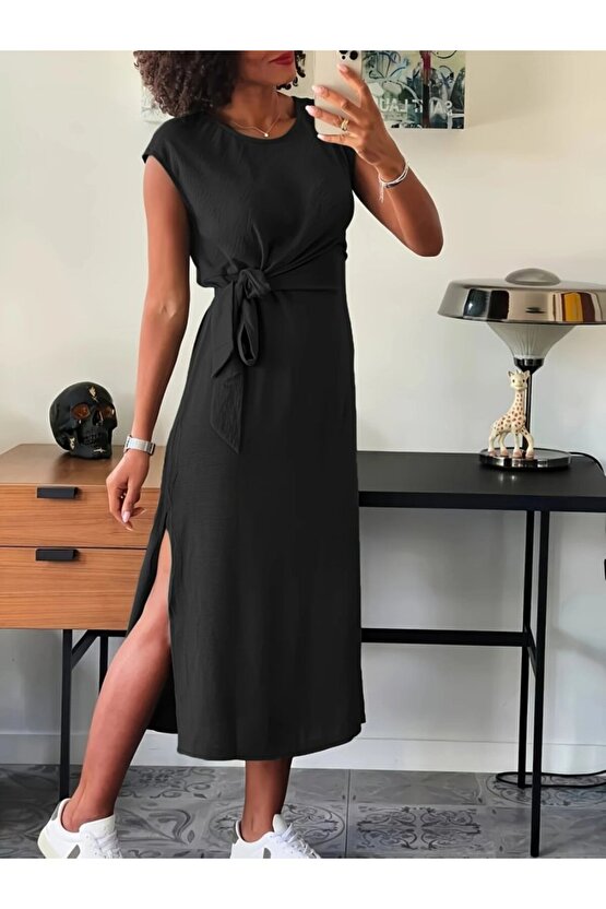 MODAVERA Kadın Kısa Kollu Yuvarlak Yaka Belden Bağcıklı önden Yırtmaçlı Aerobin Elbise
