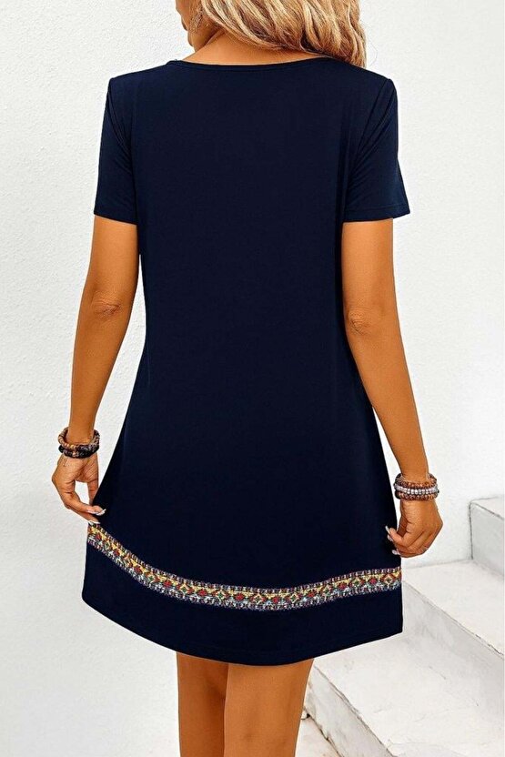 Kadın Kısa Kollu V Yakalı Etnik Desen şerit Detaylı Viskon Elbise